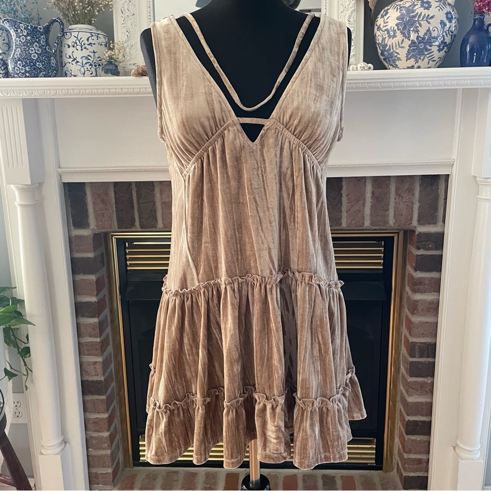Altar'd State Beige/Champagne Crushed Velvet Ruffled Mini Dress Size S